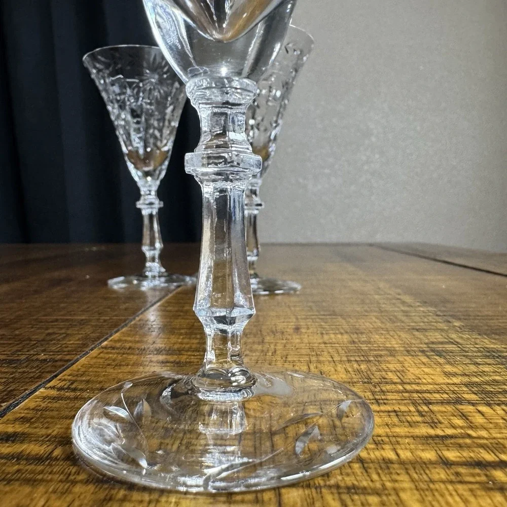 Antique American Brilliant Cut Starburst Crystal Cordial Glasses MINT Set of 7